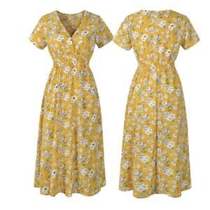 Women Short Sleeve Wrap Boho Floral Maxi Boho Dress Ladies Summer Sundress SZ SM